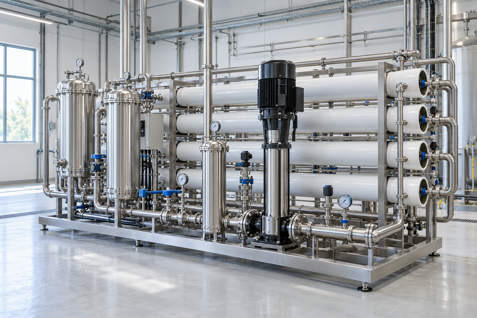Industrial reverse osmosis plant with stainless steel membrane housings and filtration equipment in a clean facility