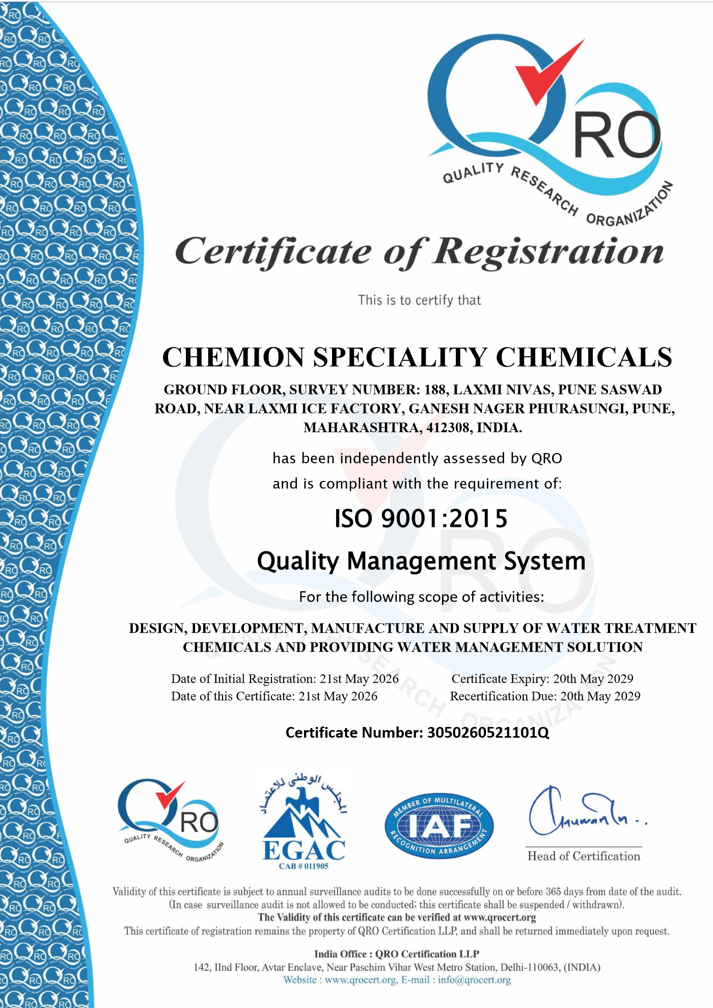 ISO 9001:2015 Quality Management System certificate supplied by Chemion Speciality Pvt Ltd.