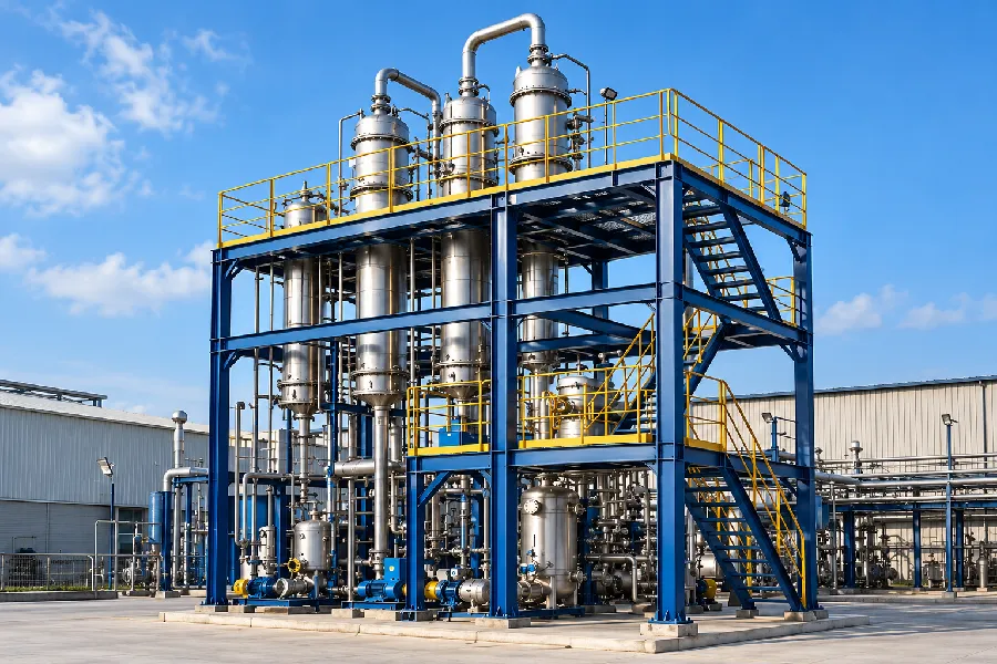 Multi-effect evaporator plant with chemical containers